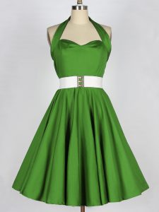 Custom Design Green A-line Belt Quinceanera Dama Dress Lace Up Taffeta Sleeveless Knee Length