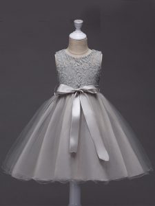 Simple Grey Ball Gowns Lace and Belt Flower Girl Dresses for Less Zipper Tulle Sleeveless Knee Length