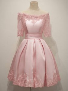 Great Lace Dama Dress for Quinceanera Pink Lace Up Half Sleeves Knee Length