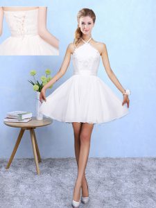 Excellent White A-line Lace and Appliques Damas Dress Lace Up Chiffon Sleeveless Mini Length