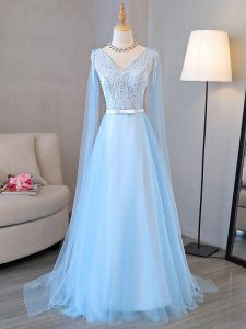Baby Blue V-neck Neckline Beading and Belt Homecoming Dress Long Sleeves Lace Up