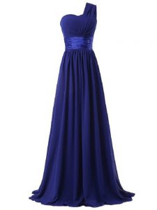 Custom Designed Chiffon One Shoulder Sleeveless Lace Up Ruching Court Dresses for Sweet 16 in Royal Blue