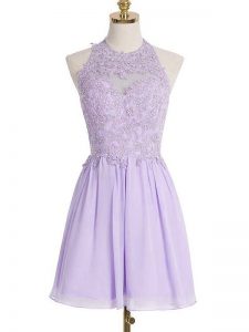 Lavender Empire Lace Court Dresses for Sweet 16 Lace Up Chiffon Sleeveless Knee Length