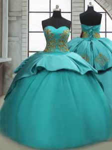 Turquoise Sleeveless Sweep Train Beading and Appliques Quince Ball Gowns