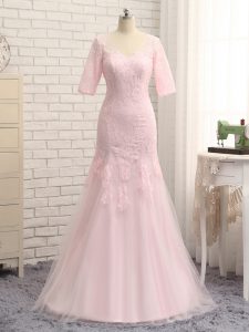 Custom Design Tulle V-neck Half Sleeves Zipper Lace and Appliques Mother of the Bride Dress in Baby Pink
