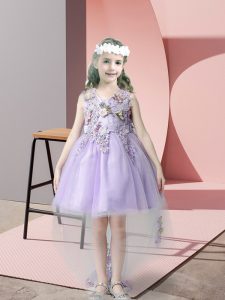Lavender Ball Gowns V-neck Sleeveless Tulle High Low Zipper Lace and Bowknot Toddler Flower Girl Dress