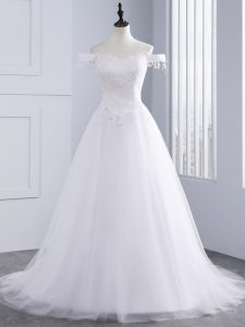 Off The Shoulder Sleeveless Tulle Wedding Dresses Lace and Appliques Lace Up