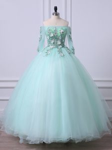 Apple Green Ball Gowns Beading Quinceanera Dresses Lace Up Tulle 3 4 Length Sleeve Floor Length