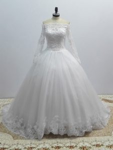 White Long Sleeves Tulle Brush Train Lace Up Wedding Gown for Wedding Party