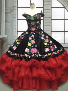 Red And Black Organza and Taffeta Lace Up Sweet 16 Quinceanera Dress Sleeveless Floor Length Embroidery and Ruffled Layers