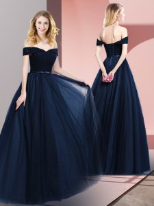Floor Length Navy Blue Winning Pageant Gowns Tulle Sleeveless Beading and Ruching and Belt