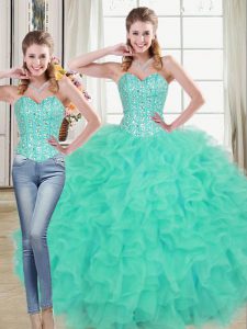 Two Pieces Sleeveless Turquoise Quinceanera Dress Brush Train Lace Up