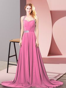 Sleeveless Chiffon Brush Train Zipper Red Carpet Prom Dress in Pink with Beading and Ruching
