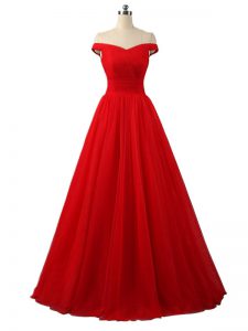 Luxurious Red A-line Tulle Off The Shoulder Sleeveless Ruching Floor Length Lace Up Formal Dresses