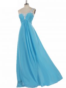 Glamorous Aqua Blue Empire One Shoulder Sleeveless Chiffon Floor Length Zipper Appliques Dama Dress for Quinceanera