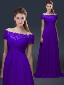 Low Price Appliques Mother of Bride Dresses Purple Lace Up Short Sleeves Floor Length