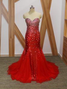 Dramatic Mermaid Prom Evening Gown Red Sweetheart Tulle Sleeveless Floor Length Zipper