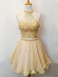 Champagne Halter Top Neckline Beading Dama Dress for Quinceanera Sleeveless Lace Up