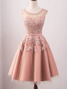 Knee Length Pink Bridesmaid Gown Tulle Sleeveless Lace