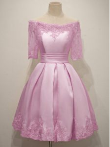 Enchanting Lilac Half Sleeves Taffeta Lace Up Bridesmaids Dress for Prom and Party and Wedding Party