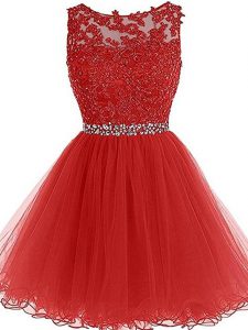 Artistic Mini Length Red Cocktail Dress Tulle Sleeveless Beading and Lace and Appliques