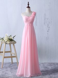 Custom Fit Floor Length Baby Pink Dama Dress for Quinceanera One Shoulder Sleeveless Zipper