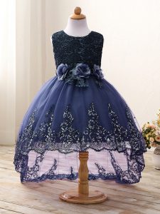 Superior High Low Navy Blue Kids Pageant Dress Tulle Sleeveless Lace and Appliques and Bowknot and Hand Made Flower
