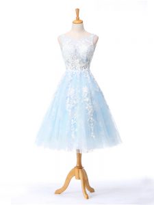 Romantic Light Blue Backless Scoop Appliques Court Dresses for Sweet 16 Tulle Sleeveless