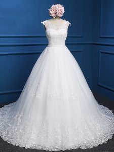Inexpensive Ball Gowns Sleeveless White Wedding Dress Brush Train Backless
