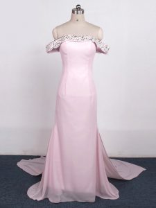 Chic Baby Pink Off The Shoulder Neckline Beading Evening Party Dresses Sleeveless Zipper