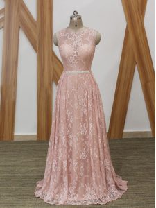 Spectacular Floor Length Pink Prom Dress Scoop Sleeveless Brush Train Zipper