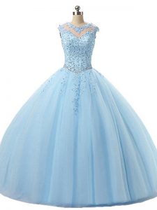Unique Light Blue Ball Gowns Tulle Scoop Sleeveless Beading and Lace Floor Length Lace Up Quinceanera Dress