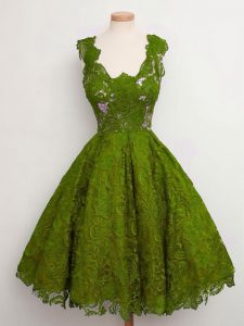 Olive Green Sleeveless Lace Knee Length Quinceanera Court of Honor Dress