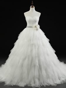 White Lace Up Wedding Gown Beading and Ruffles and Hand Made Flower Sleeveless Brush Train