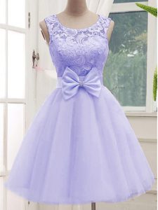 Fine Lavender Sleeveless Knee Length Lace and Bowknot Lace Up Bridesmaids Dress