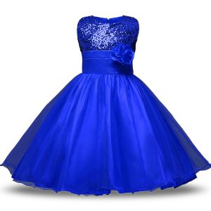 Affordable Knee Length Royal Blue Flower Girl Dresses for Less Organza and Sequined Sleeveless Belt and Hand Made Flower