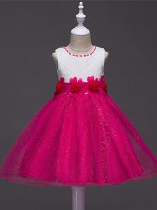 Hot Pink Ball Gowns Lace and Hand Made Flower Little Girls Pageant Gowns Zipper Tulle Sleeveless Knee Length