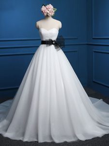 Artistic White Wedding Gowns Tulle Court Train Sleeveless Ruching and Bowknot