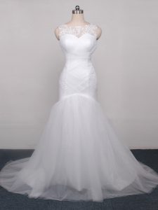 Smart Scoop Sleeveless Tulle Wedding Gown Lace and Appliques and Ruching Brush Train Lace Up