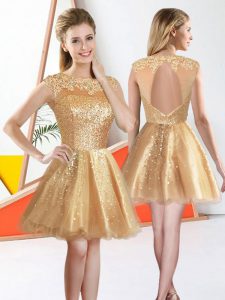 High End Champagne Organza Backless Bateau Sleeveless Knee Length Wedding Party Dress Beading and Lace