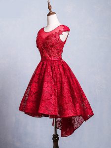 Red Club Wear Prom and Party and Sweet 16 with Lace and Appliques and Belt Scoop Short Sleeves Lace Up