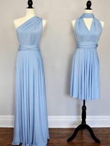 Ruching Dama Dress Light Blue Lace Up Sleeveless Floor Length