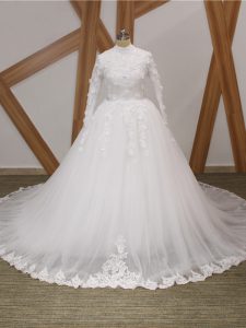 White Ball Gowns Tulle High-neck Long Sleeves Lace and Appliques Zipper Wedding Dress Court Train