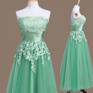 Lovely Sleeveless Tea Length Appliques Lace Up Quinceanera Court Dresses with Turquoise
