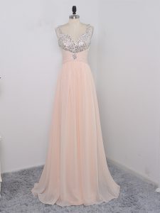 Graceful Peach Straps Neckline Sequins Prom Evening Gown Sleeveless Zipper