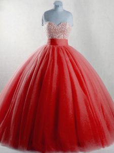 Red Ball Gowns Beading Ball Gown Prom Dress Lace Up Tulle Sleeveless Floor Length