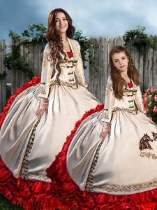 Pretty White And Red Long Sleeves Brush Train Embroidery and Ruffles Quinceanera Dresses