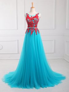 Romantic Aqua Blue Zipper Scoop Lace and Appliques Celebrity Prom Dress Tulle Sleeveless Brush Train