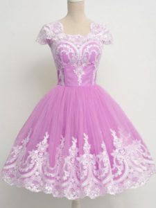 Fancy Lilac A-line Square Cap Sleeves Tulle Knee Length Zipper Lace Damas Dress