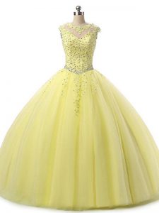 Hot Selling Yellow Tulle Lace Up Scoop Sleeveless Floor Length 15th Birthday Dress Beading and Lace